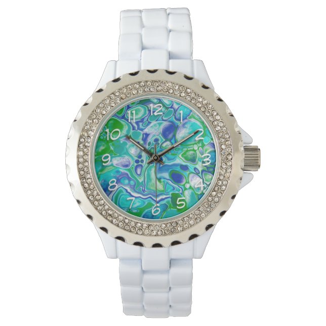 Abstrakte blaue und grüne Marmorflüssigkeit Armbanduhr (Vorderseite)