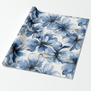 Abstrakte blaue und weiße Aquarellblumen Geschenkpapier