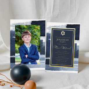 Abstrakte blaue vergoldete Foto Bar Mitzwa Echt Folieneinladung