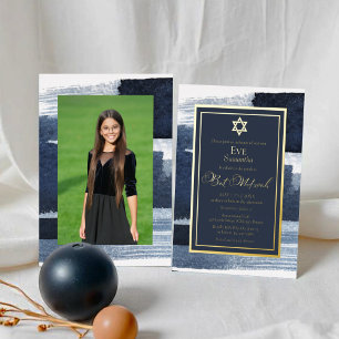 Abstrakte blaue vergoldete Foto-Bat-Mitzwa-Echt Folieneinladung