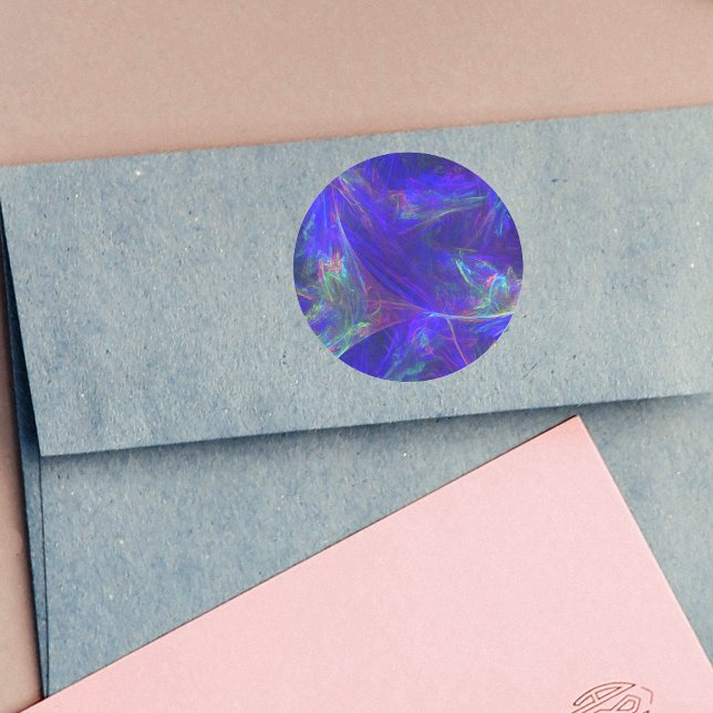 Abstrakte blaufarbige Mistkerzen Runder Aufkleber (Abstract design vibrant cosmic pattern in pink, blue, green on round stickers.)