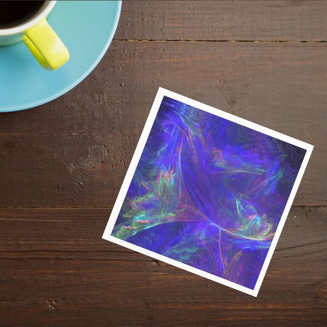 Abstrakte blaufarbige Mistkerzen Serviette (Cosmic abstract pattern swirls of vibrant pinks greens on deep blue on napkins.)