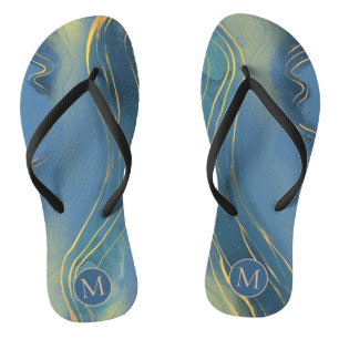 Abstrakte blaugraue Mongram Wavy Gold Line Flip Flops