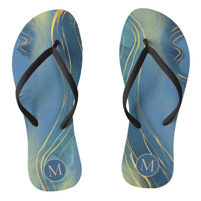 Abstrakte blaugraue Mongram Wavy Gold Line Flip Flops (Fußbett)
