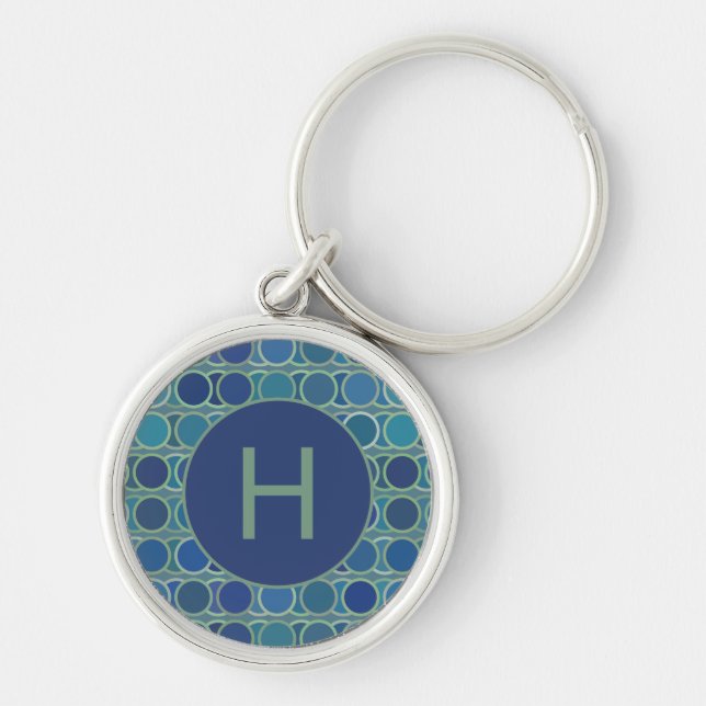Abstrakte Blautöne Kreis Muster Monogramm Schlüsselanhänger (Vorne)