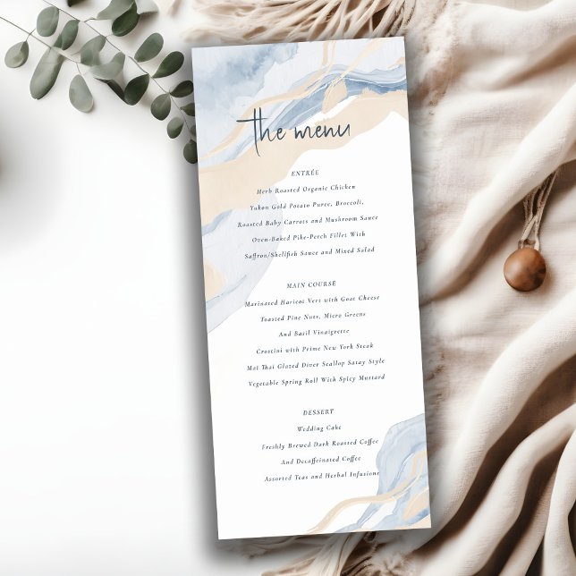 Abstrakte Blue Beige Coastal Wedding Menu Card Einladung (Von Creator hochgeladen)