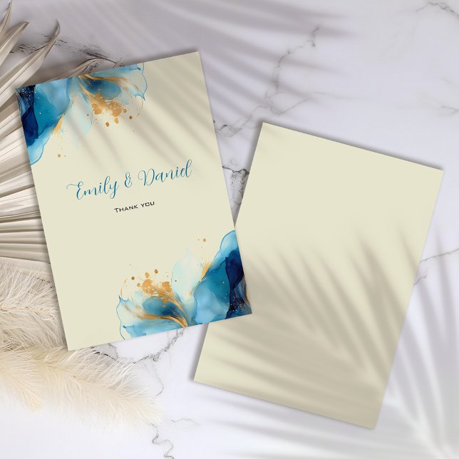 Abstrakte Blue & Gold Watercolor Hochzeit Dankeskarte (Von Creator hochgeladen)