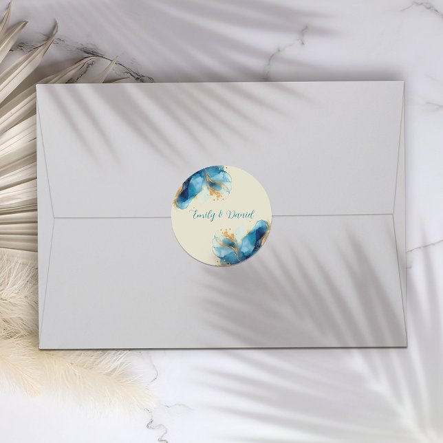 Abstrakte Blue & Gold Watercolor Hochzeit Runder Aufkleber (Von Creator hochgeladen)