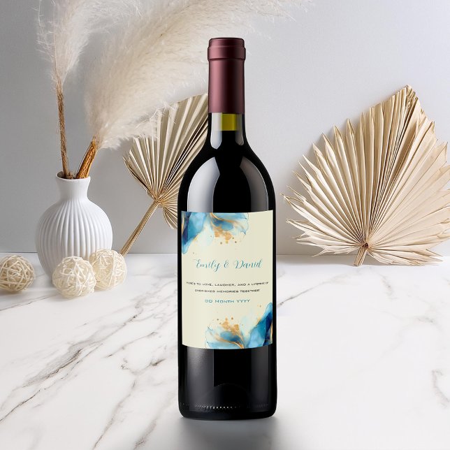 Abstrakte Blue & Gold Watercolor Hochzeit Weinetikett (Von Creator hochgeladen)