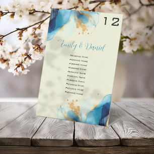 Abstrakte Blue & Gold Watercolor-Hochzeitnummern Sockelschild