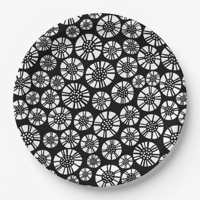 Abstrakte Blume 031023 - Schwarz-Weiß Pappteller (Vorderseite)