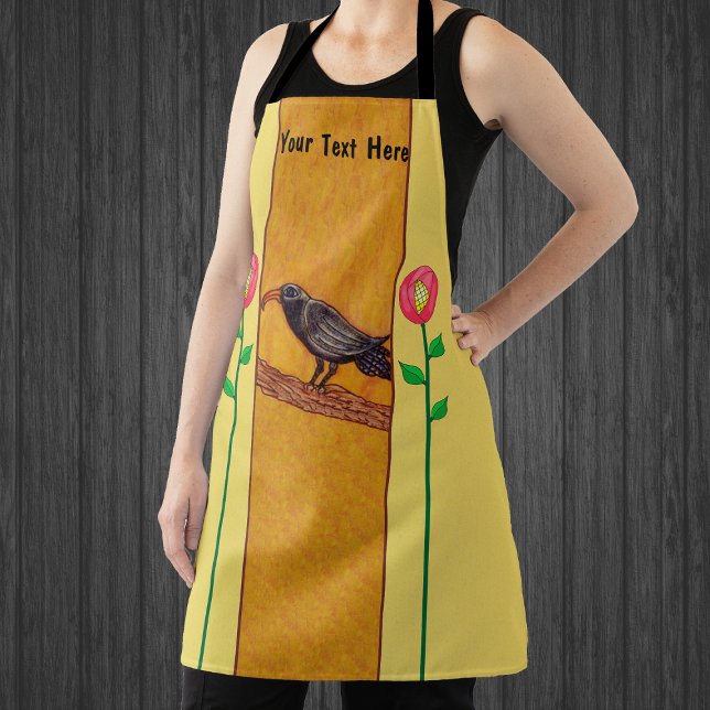 Abstrakte Blume Gelb auf Zweigstellen Schürze (Black crow on tree branch with abstract red roses on stems with leaves on yellow kitchen apron.)