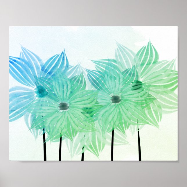 Abstrakte Blume Grün blaues Poster (Vorne)