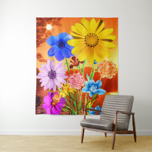 Abstrakte Blume mit Sonnenuntergang - farbenfrohe  Wandteppich