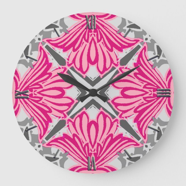 Abstrakte Blume Petals Fuchsia Pink und Grau Große Wanduhr (Vorderseite)