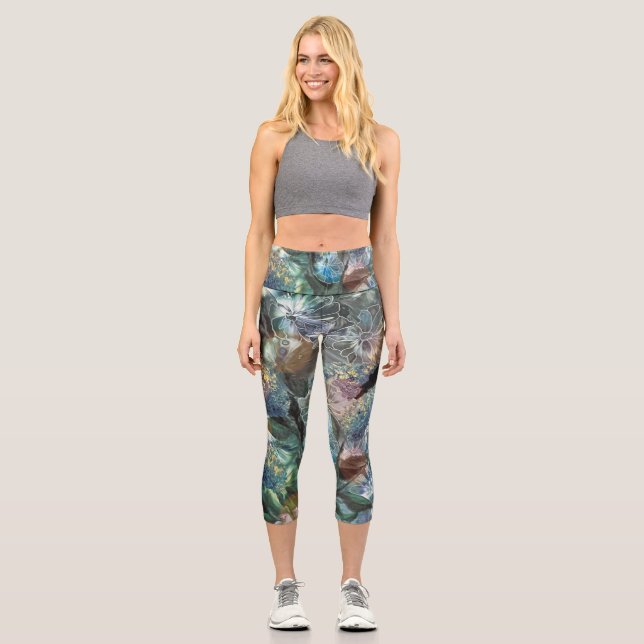 Abstrakte Blume Yoga-Pflanzen Capri Leggings (Vorderseite)
