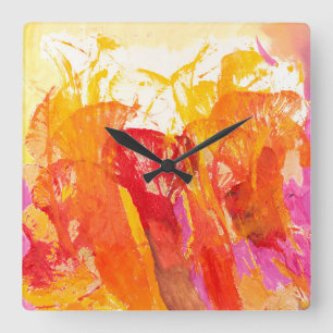 Abstrakte Blumen im Rosa, in der Mandarine und im Quadratische Wanduhr