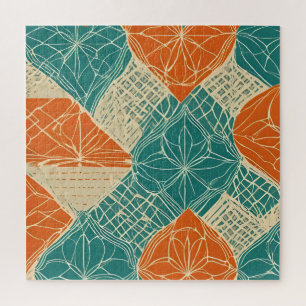 Abstrakte Blumen in Türkis, Orange und Beige Puzzle