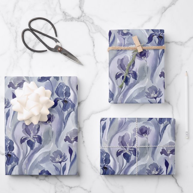 Abstrakte Blumen Muster Indigo Lila Iris Geschenkpapier Set (Vorderseite)