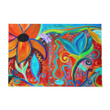 Abstrakte Blumen orange, intuitive blaue Kunst