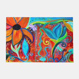 Abstrakte Blumen orange, intuitive blaue Kunst Fußmatte