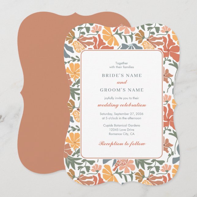 Abstrakte Blumen & Vögel Mitte Jahrhundert Moderne Einladung (Vorne/Hinten)