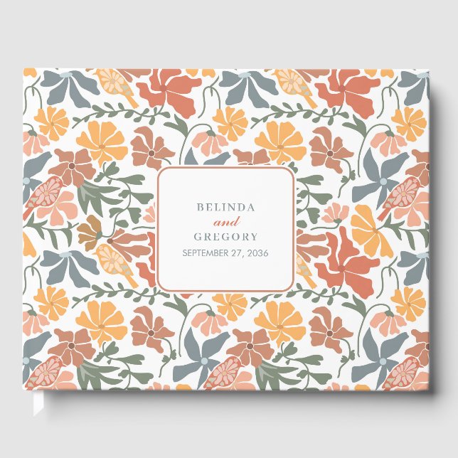 Abstrakte Blumen & Vögel Mitte Jahrhundert Moderne Gästebuch (Vorderseite)