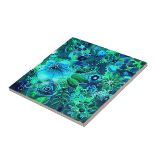 Abstrakte Blumenblauer Aquamarin-Blau-grüne Blätte Fliese