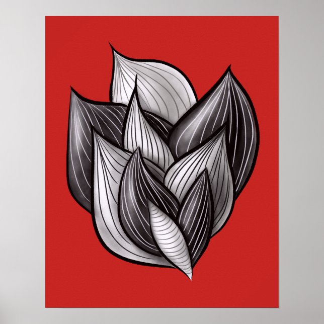 Abstrakte Blumenkunst in Rot und Schwarz Poster (Vorne)