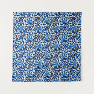 Abstrakte Blumenmode, blau, schwarz und beige Wandteppich