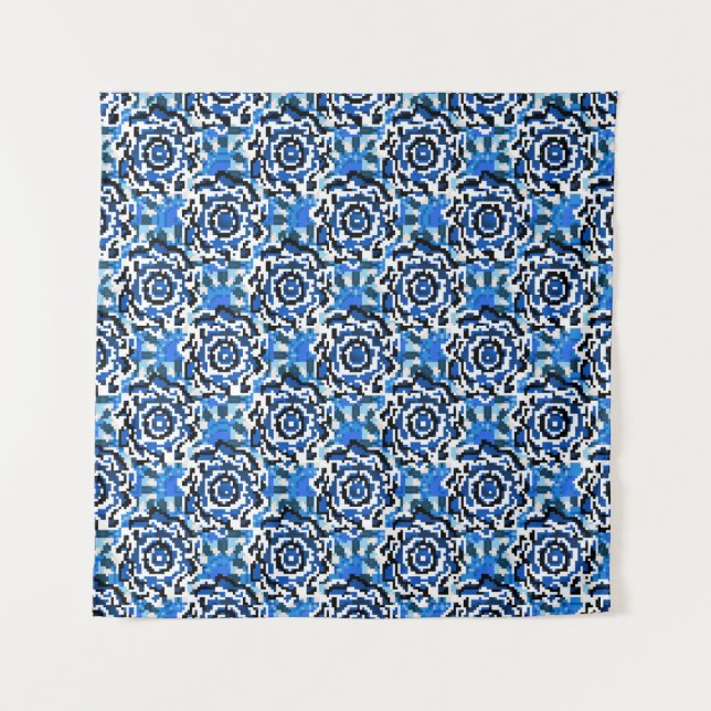 Abstrakte Blumenmode, blau, schwarz und beige Wandteppich (Vorderseite)