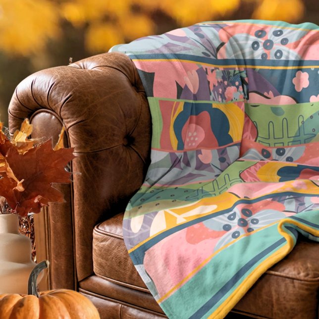 Abstrakte Blumenmuster Fleecedecke (Mustard Teal Fall Floral Patchwork Fleece Blanket – Susanne Sachers - Sunny Mind 🌞)