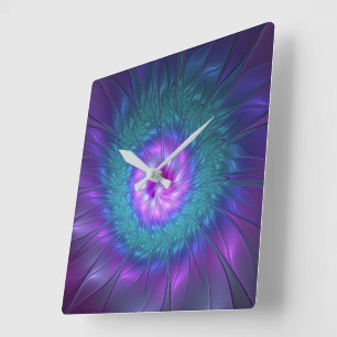 Abstrakte Blumenpracht Bunte Fraktal-Kunst-Blume Quadratische Wanduhr
