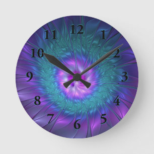 Abstrakte Blumenpracht Bunte Fraktal-Kunst-Blume Runde Wanduhr