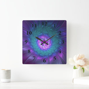Abstrakte Blumenpracht Farbige Fraktal-Kunst-Blume Quadratische Wanduhr