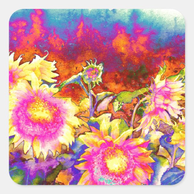 Abstrakte Blumensonnenblumen Aquarellmalerei Quadratischer Aufkleber (Vorderseite)