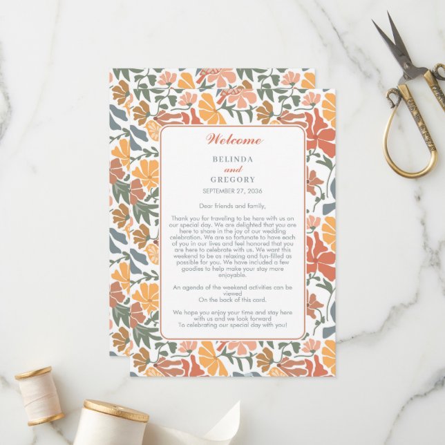 Abstrakte Blumenvögel Mitteljahrhundert Hochzeitre Programm (Vorderseite/Rückseite Beispiel)