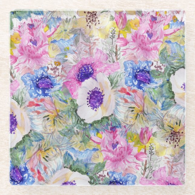 Abstrakte Blumenzeichnung Aquarellfarbe Glasuntersetzer (Vorderseite)