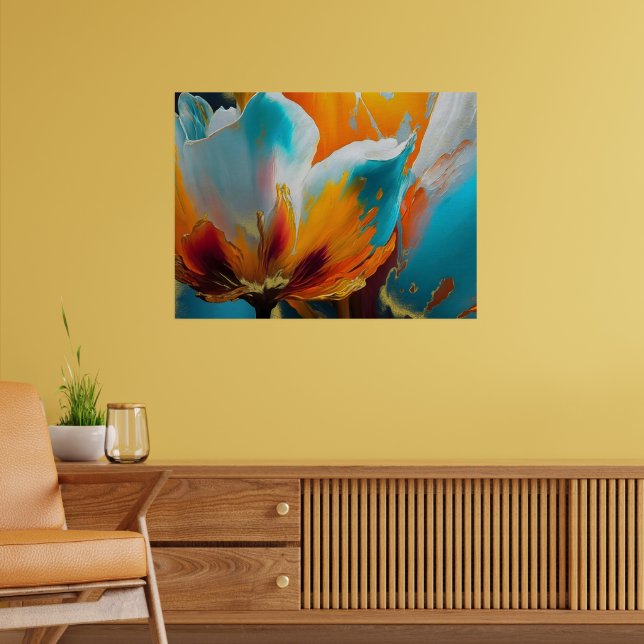 Abstrakte Blüte in Orange und Blaugrün Poster (Wohnzimmer 2)