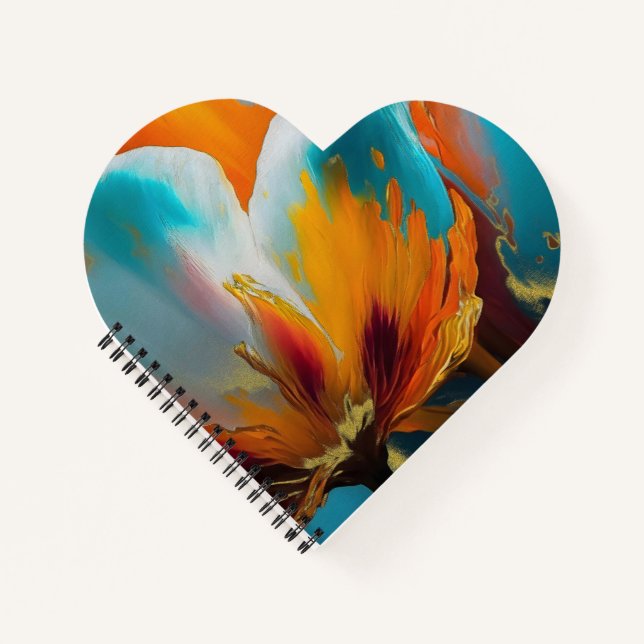 Abstrakte Blüte in Orange und Teal Notizbuch (Vorderseite)