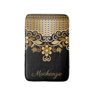 Abstrakte Blüten in Schwarz und Golden Badematte