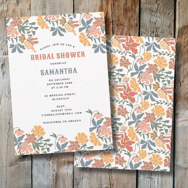Abstrakte Blüten und Vögel Mitte des Brautparty Einladung (Abstract Floral & Birds Mid Century Bridal Shower Invitation)