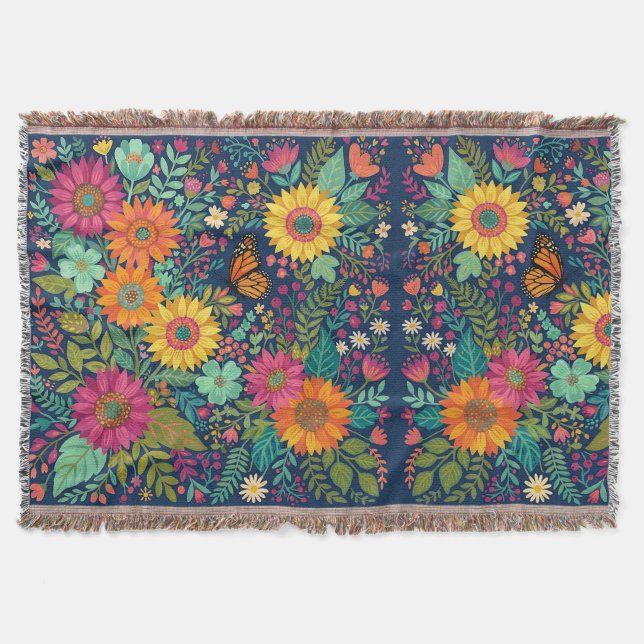 Abstrakte Boho-Sonnenblumen-Monarch-Decken Decke (Vorderseite)