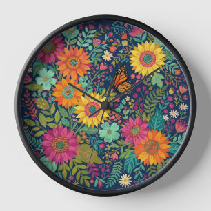 Abstrakte Boho-Sonnenblumen-Schmetterling-Kunstuhr Uhr