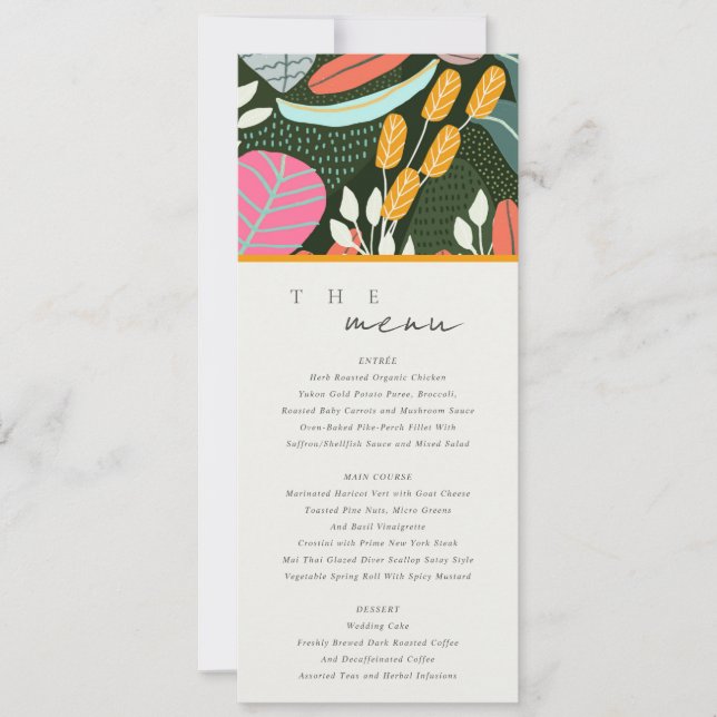 Abstrakte Bold Tropical Botanical Wedding Menu Car Einladung (Vorderseite)