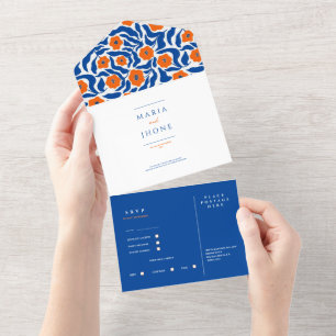 abstrakte botanische blaue orange Hochzeit RSVP Al All In One Einladung