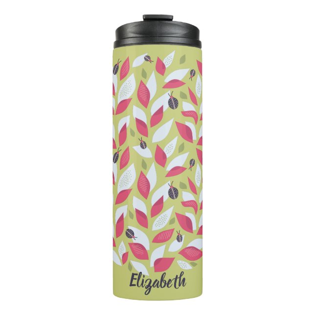 Abstrakte botanische Rosa Blätter Ladybugs Spring Thermosbecher (Vorderseite)