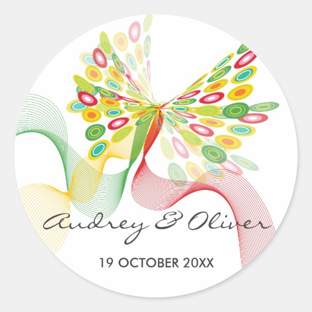 Abstrakte Butterfly Künstlerische Hochzeitsticker Runder Aufkleber (Vorderseite)
