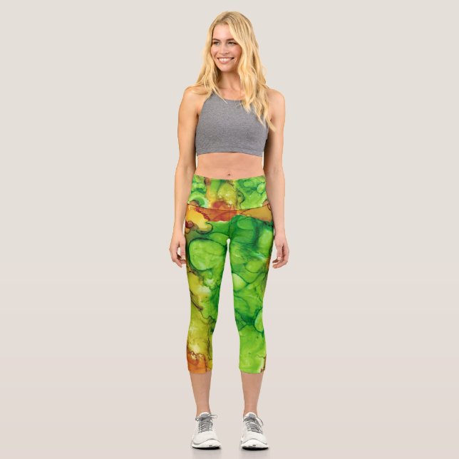 Abstrakte Capri-Leggings grün und gelb Capri Leggings (Vorderseite)