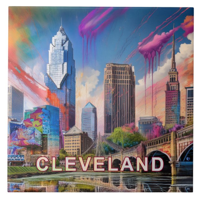 Abstrakte Cleveland Skyline Kunst Moderne Stadt Fliese (Vorderseite)